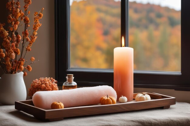 A flower pot and wooden tray with candle and salt stone beside a window at autumn