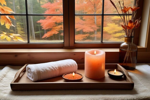 A flower pot and wooden tray with candles and salt stones beside a window in autumn