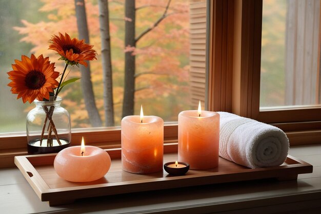 A flower pot and wooden tray with candles and salt stones beside a window in autumn