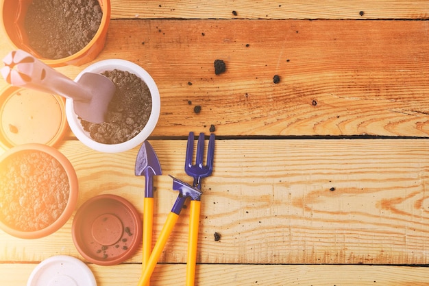 Flower pots and set decorative garden tools on a wooden background in bright sunlight