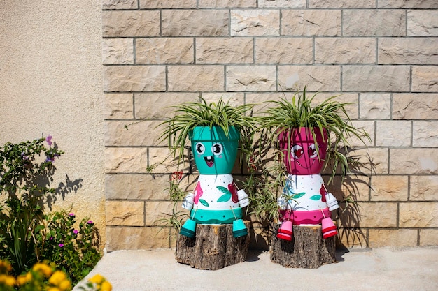 Flower pots in the shape of funny men with Chlorophytum near brick wall Home plants