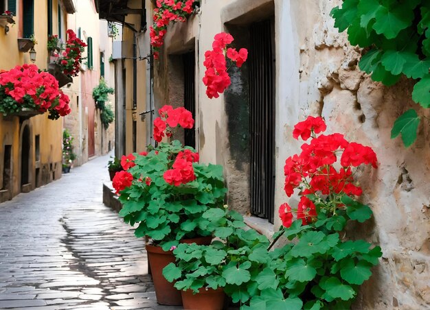 Photo flower pots with geraniums in the old town of rovinj croatia