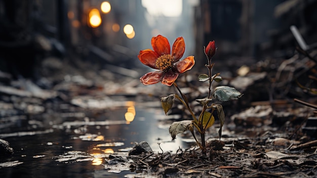 A flower in a puddle of water