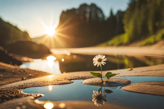 太陽が照らす水たまりの花