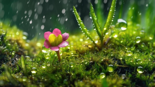 A flower in the rain with a green background