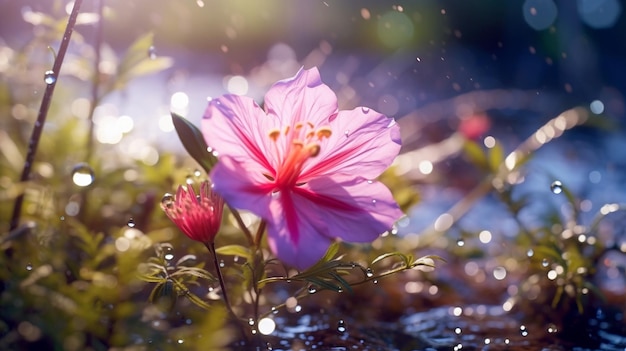 A flower in the rain with water droplets on it