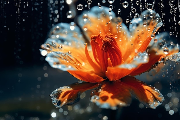 A flower in the rain with water drops