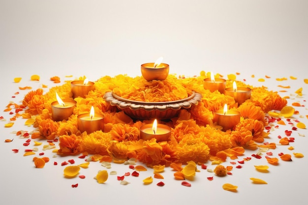 Photo flower rangoli for diwali made using colourful flowers on white background