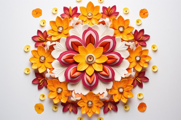 Foto rangoli di fiori per diwali fatti con fiori colorati su sfondo bianco