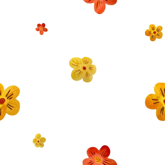 Flower red yellow orange seamless pattern. A watercolor illustration. Hand drawn texture and isolate