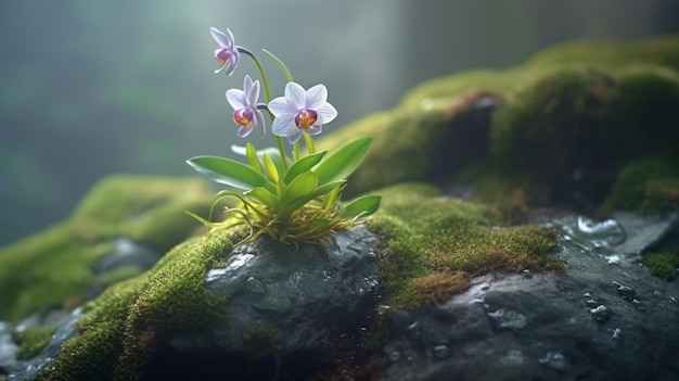 A flower on a rock with a green background