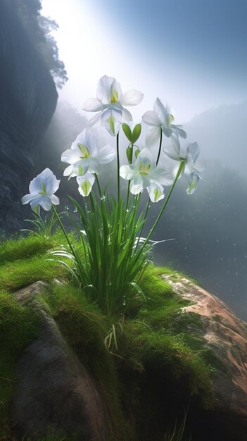 A flower on a rock with a light shining on it.