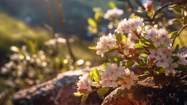 太陽が輝いている岩の上の花