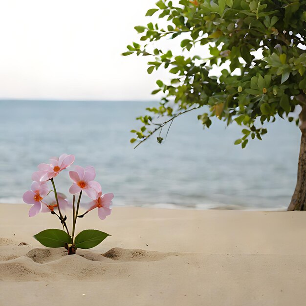 砂の中の花は木の近くの砂の中にある