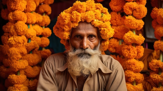 Flower Seller Poses for Portrait in Front of Marigolds AI Generated