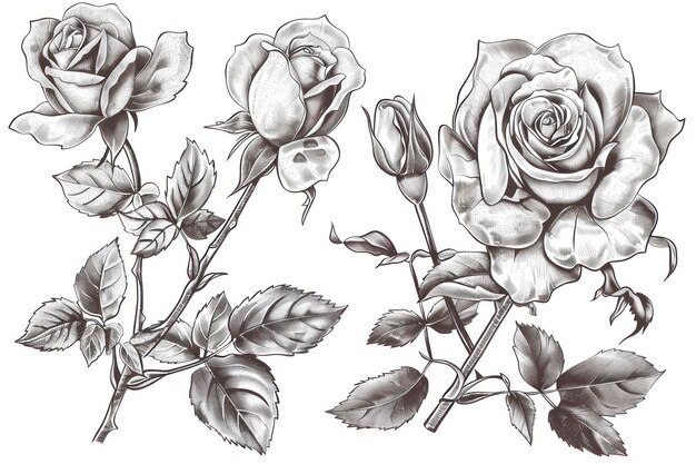 Photo flower set detailed hand drawn roses on white