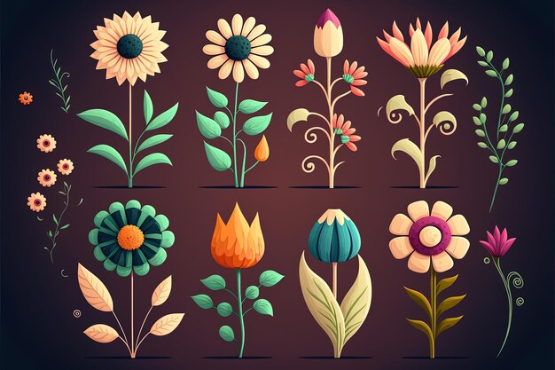 Flower set illustration, background. Generative AI