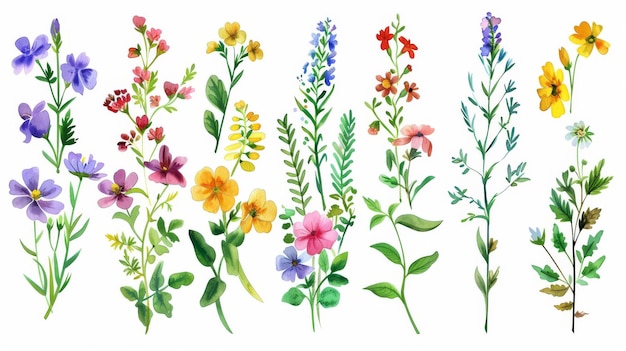 白い紙に水彩で描かれた花セット 花とハーブのスケッチ 花束の花束 現代のイラスト