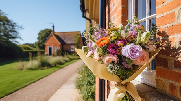 Flower shop delivery and holiday gift postal service beautiful bouquet of flowers on a house doorstep in the countryside generative ai