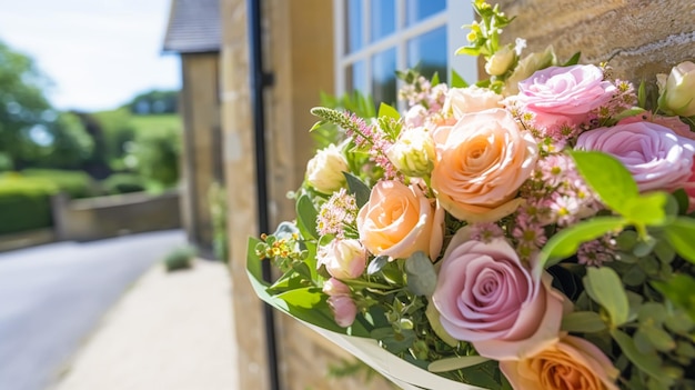 Flower shop delivery and holiday gift postal service beautiful bouquet of flowers on a house doorstep in the countryside postprocessed generative ai