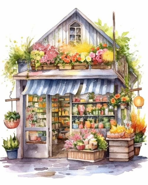 Photo flower shop outdoor stand with colorful flower pots generative ai