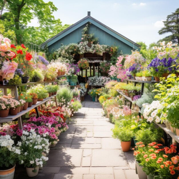 сад цветочного магазина с рядами красочных цветов и зелени