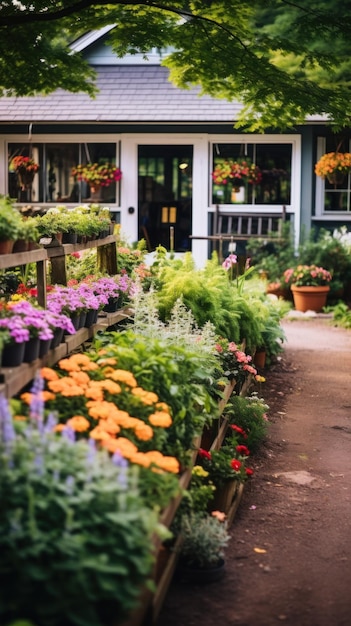 Foto il giardino del negozio di fiori con file di fiori colorati e verde