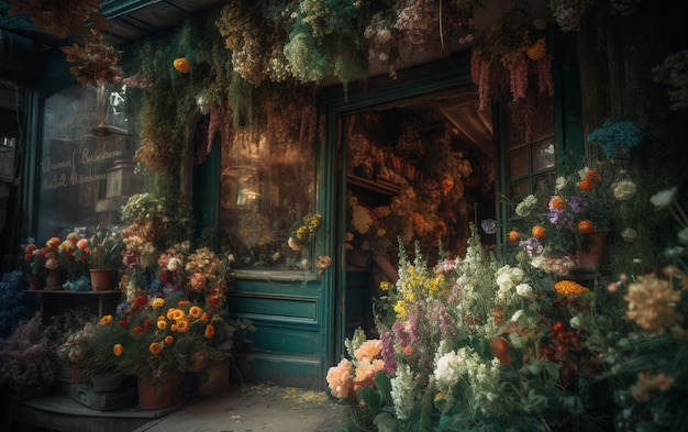 Цветочный магазин с зеленой дверью и цветочным горшком с букетом цветов на витрине.