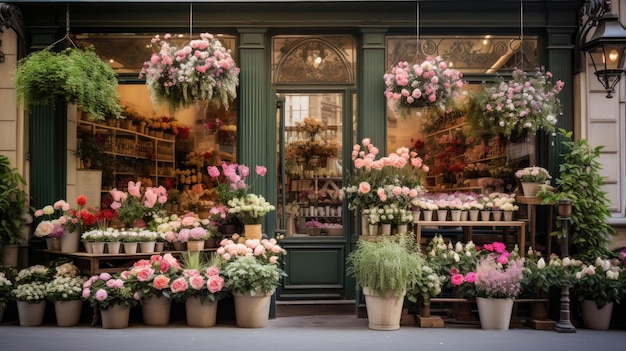 Foto un negozio di fiori con una porta verde e una finestra con fiori sul davanti.