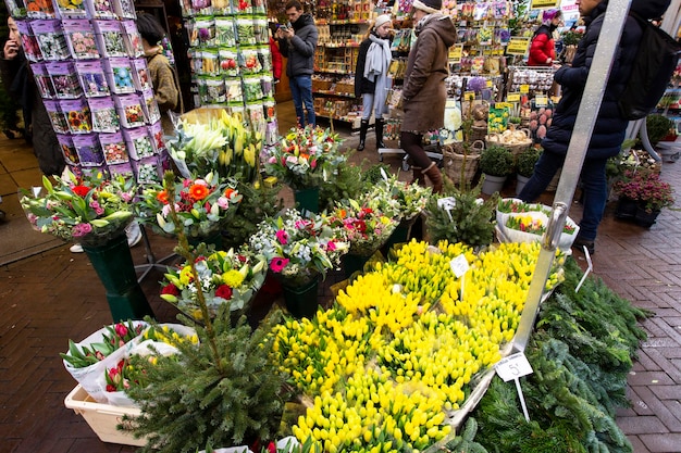 A flower shop with lots of flowers in Amsterdam