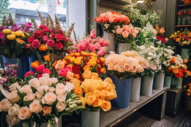 写真 バラやチューリップなど、色とりどりの新鮮なお花が揃うお花屋さん