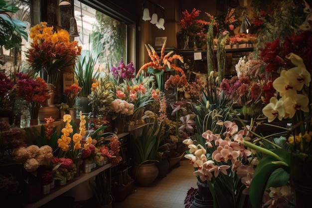 Foto un negozio di fiori con una varietà di fiori unici ed esotici tra cui orchidee e uccelli del paradiso