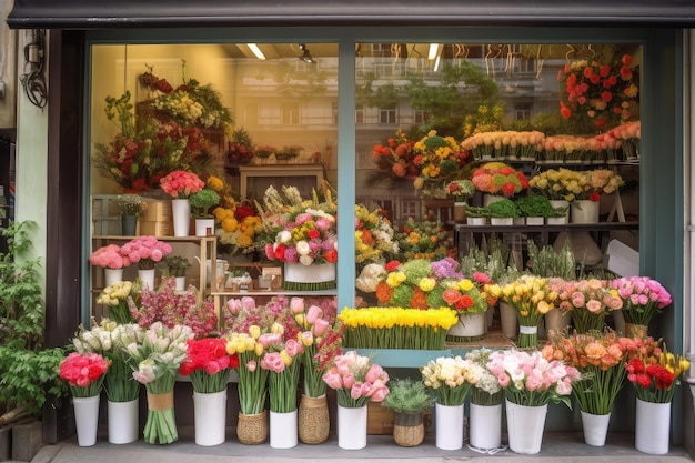 Negozio di fiori con vetrina di fiori freschi e colorati