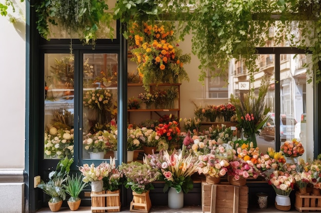 Flower shop with window display of fresh and colorful flowers