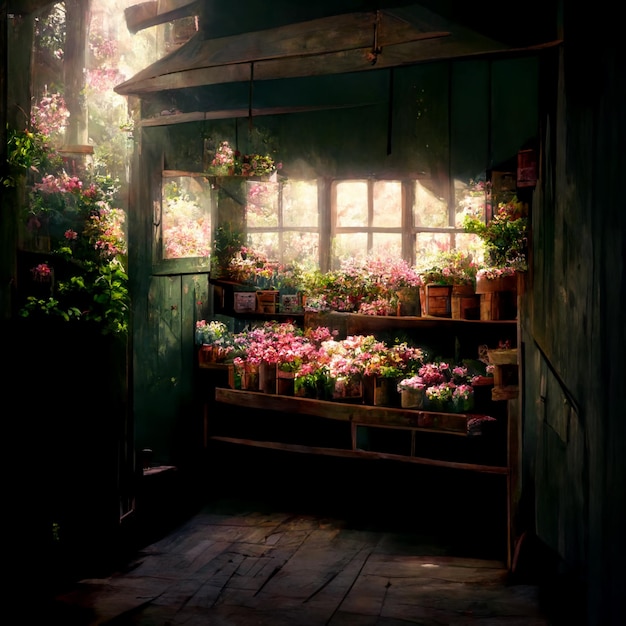 A flower shop with a window that says'flower shop'on it