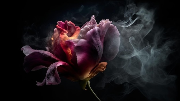 A flower in smoke with a black backgroundgenerative ai