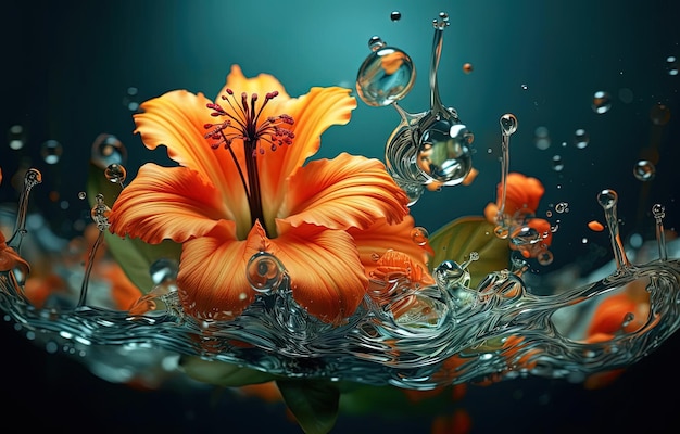 a flower in some water with green and orange liquid on it in the style of mike campau