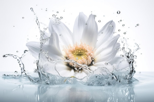 Foto fiore in spruzzi d'acqua concetto di freschezza floreale con gocce d'acqua per l'umidità cosmetica e l'imballaggio per la cura personale ai generato