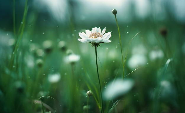 A flower stands in a green field