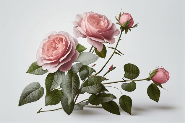 A flower on a stem with two pink roses on it.