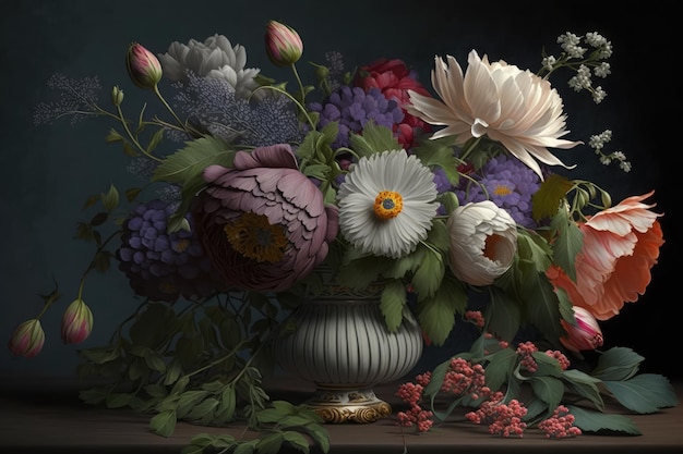 Букет цветочных натюрмортов в винтажной вазе Имитация древних голландских мастеров Абстрактная генеративная иллюстрация AI