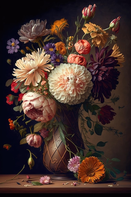 Flower Still Life Bouquet in Vintage Vase Ancient Dutch Masters Imitation Abstract Generative AI Illustration