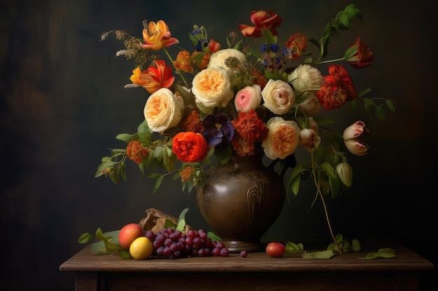 빈티지 꽃병에 장식된 꽃부위 고대 네덜란드 마스터 그림 오일 캔버스 모방 추상화 생성 인공지능 일러스트레이션