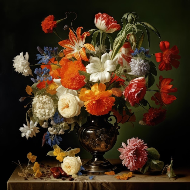 Flower Still Life Bouquet in Vintage Vase Ancient Dutch Masters Painting Oil Canvas Imitation Abstract Generative AI Illustration