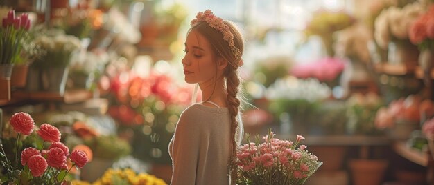 In a flower store a florist and a customer