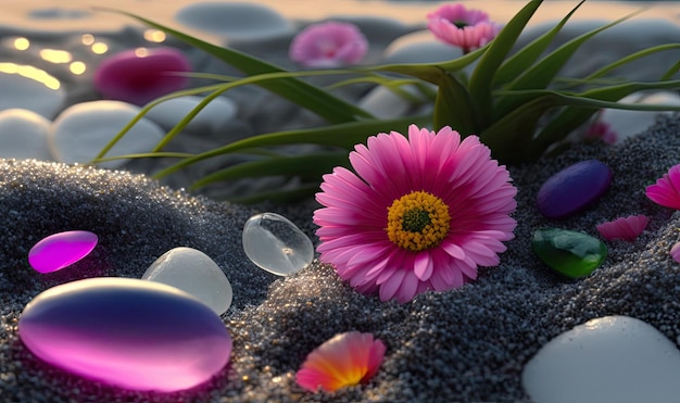 A flower surrounded by pebbles and stones