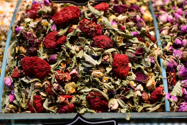 Flower tea on the counter of the city market Fruit tea