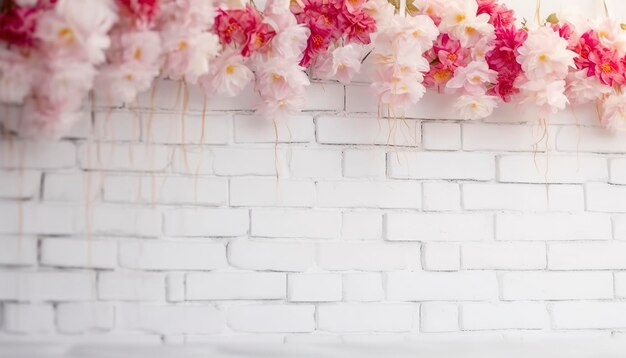 Foto sfondio di consistenza floreale per la scena del matrimonio fiori sulla parete di mattoni bianchi con spazio libero per il testo decorazione di matrimonio o festa arranco floreale impostazione floristica generare ai