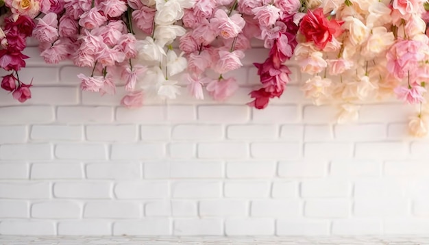 Photo flower texture background for wedding scene flowers on white brick wall with free space for text wedding or party decoration floral arrangement floristics setting generate ai