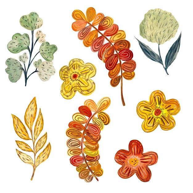 Flower textured set green yellow red orange sketch. A watercolor illustration. Hand drawn textured.